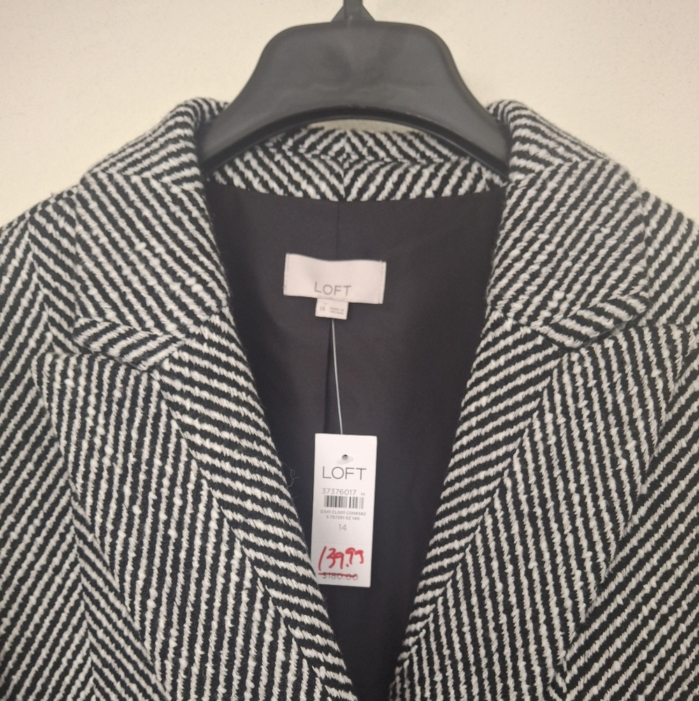 LOFT Herringbone Double Breasted Wool Blend Black White Blazer-Size 14 - NWT - Picture 4 of 12